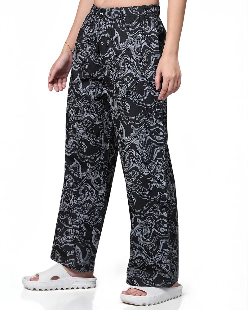 bewakoof Women's Black All Over Printed Wide Leg Pyjamas